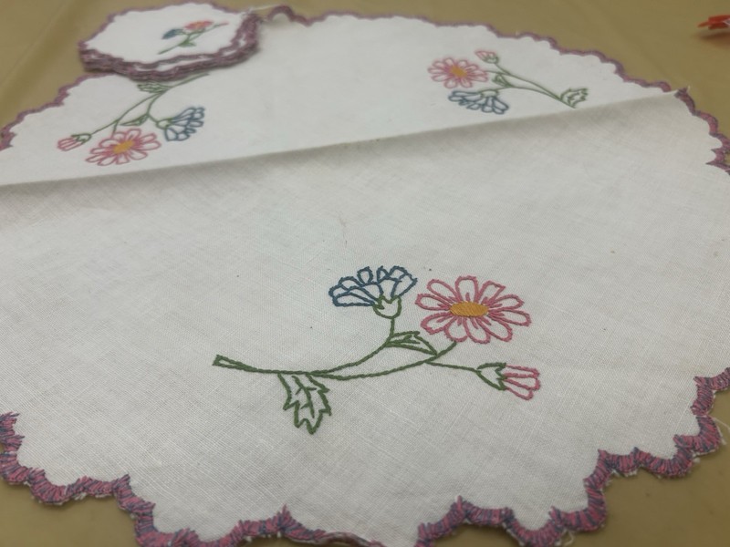 Table Runner Dresser Scarf Hand Stitched Garden Flowers Blue Pink Red Vintage