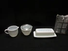 Vintage Pyrex Snowflake Sugar And Creamer, Butter Dish, and Napkin Rings Bundle