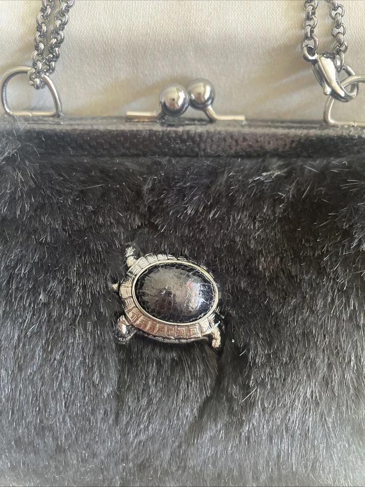 Salvatore Ferragamo Black Rabbit Fur Clutch Purse Turtle Detail Detachable Chain - Image 4 of 4