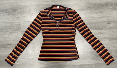 Y2K Striped Ribbed Long Sleeve Top Size M 1/4 Zip O-Ring Retro 90s Aesthetic