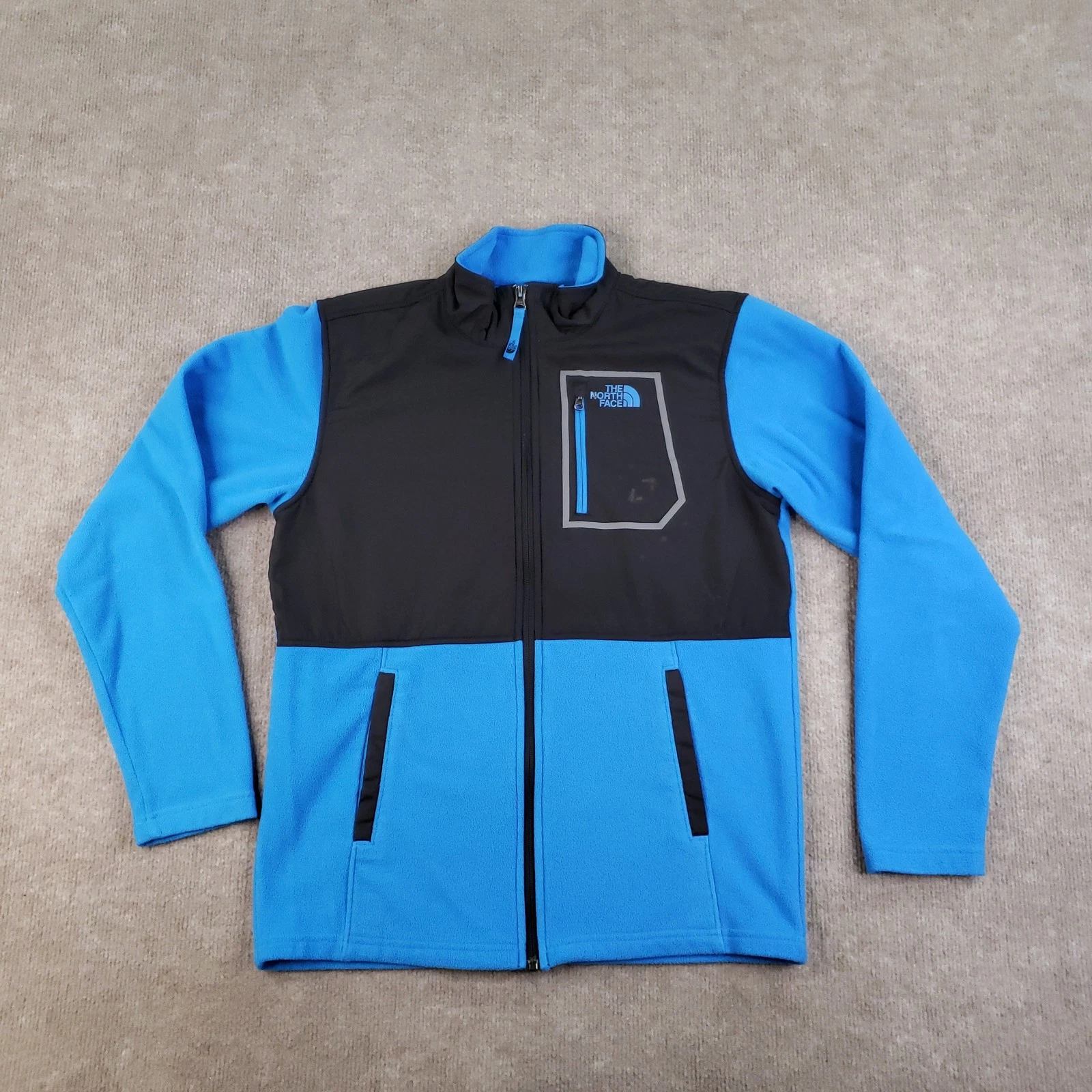 North Face Jacket Boys XL Blue Black Full Zip Fleece Outdoor Chest Pocket Youth