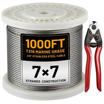 1000FT 1/8'' Stainless Steel Cable, 7x7 Wire Rope, 1850 lb Strength, Deck Railing