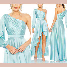 NWT IEENA Mac Duggal [ 8 ] 49141 One Shoulder Satin High Low Gown blue J2161