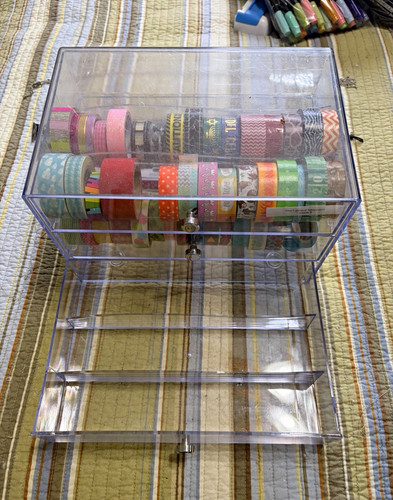 Assorted Washi Tape Lot Multicolor Mixed Patterns w/ Clear Acrylic Organizer