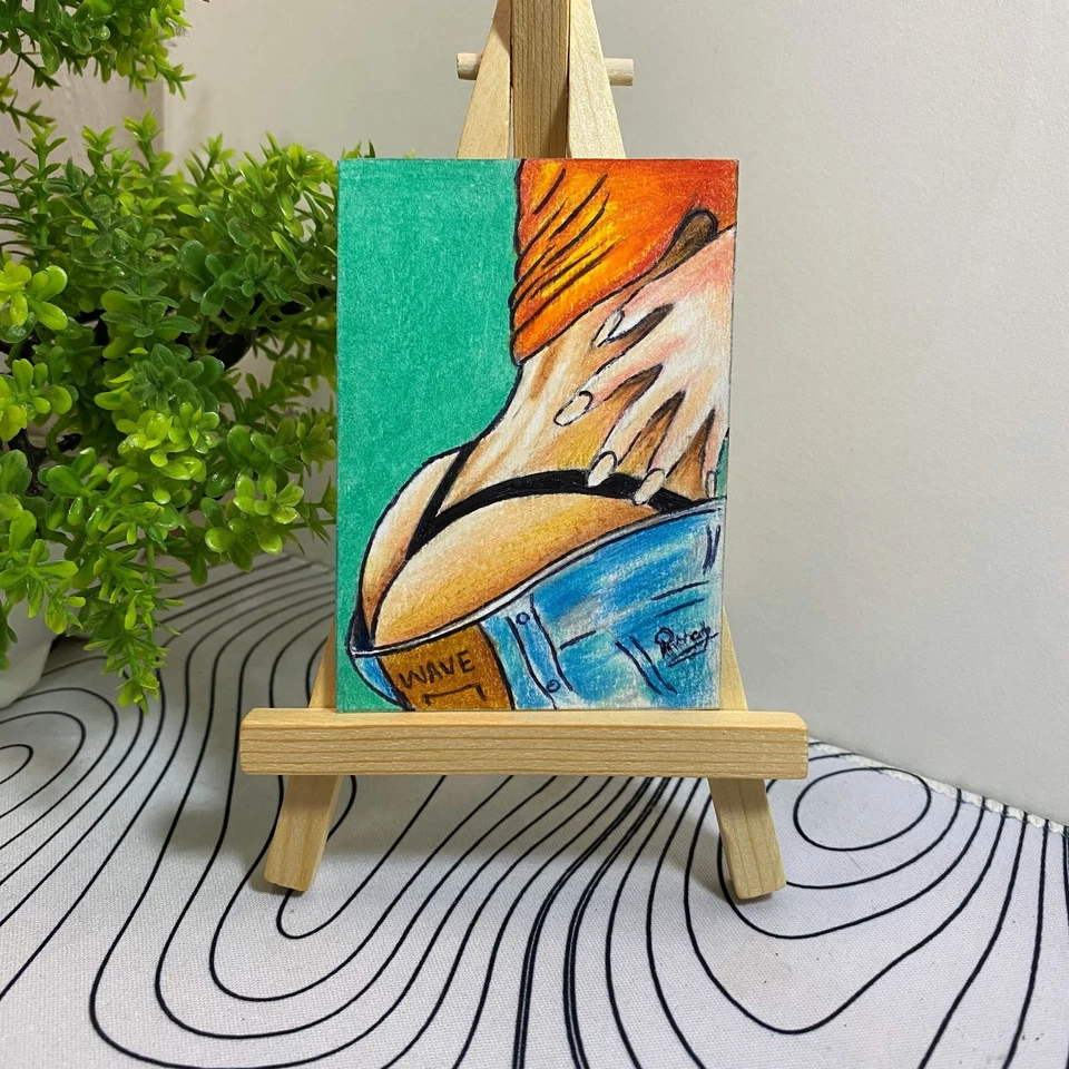 ACEO Colored Pencil Drawing Sexy Woman Female Back Denim Jeans Figurative Art - Image 2 of 2