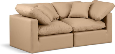 Modern Tan Vegan Leather Modular Sofa with Fiber-Filled Cushions, 70'' W
