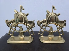 Vintage Penco Brass New Bedford Mass Firefighter Theme Bookends R.O.C. Gold