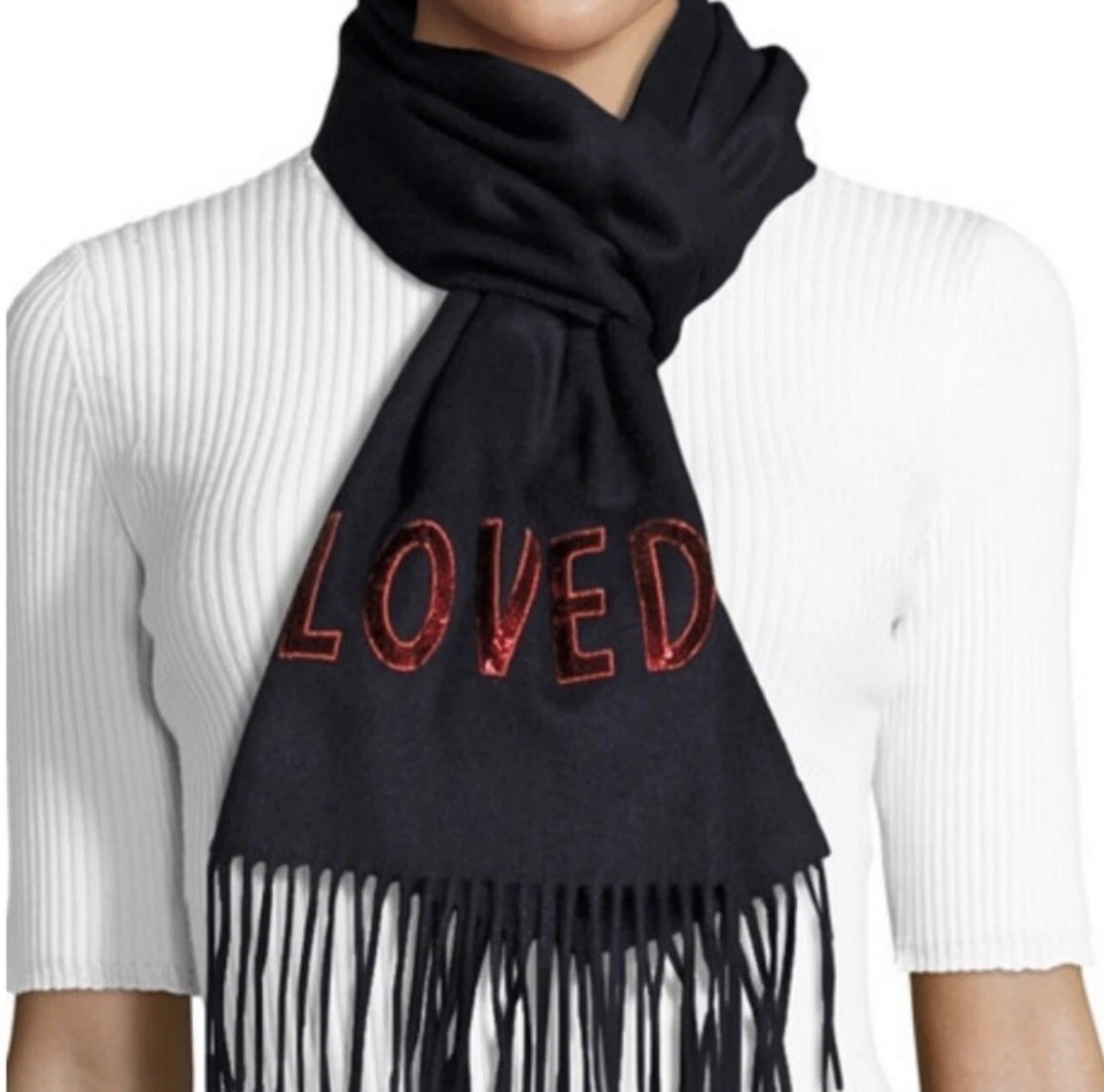 Foulard Gucci bleu marine paillettes rouge soie bien aimée cachemire frange mélange   neuf