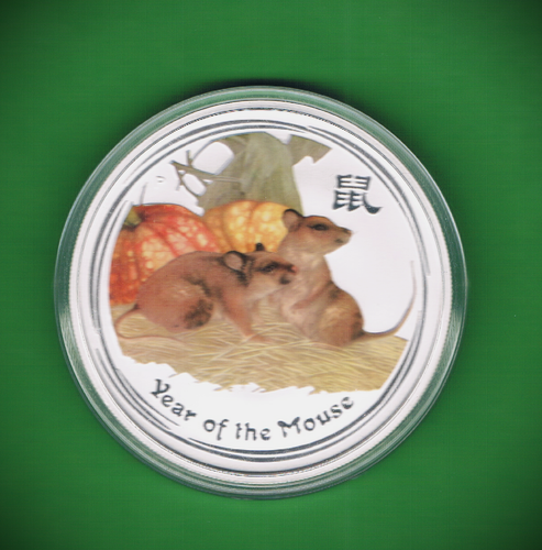 2 Silver Ounces Year of the Mouse Color Lunar II 2008 Original Box Fine Silver 999 Color Mouse