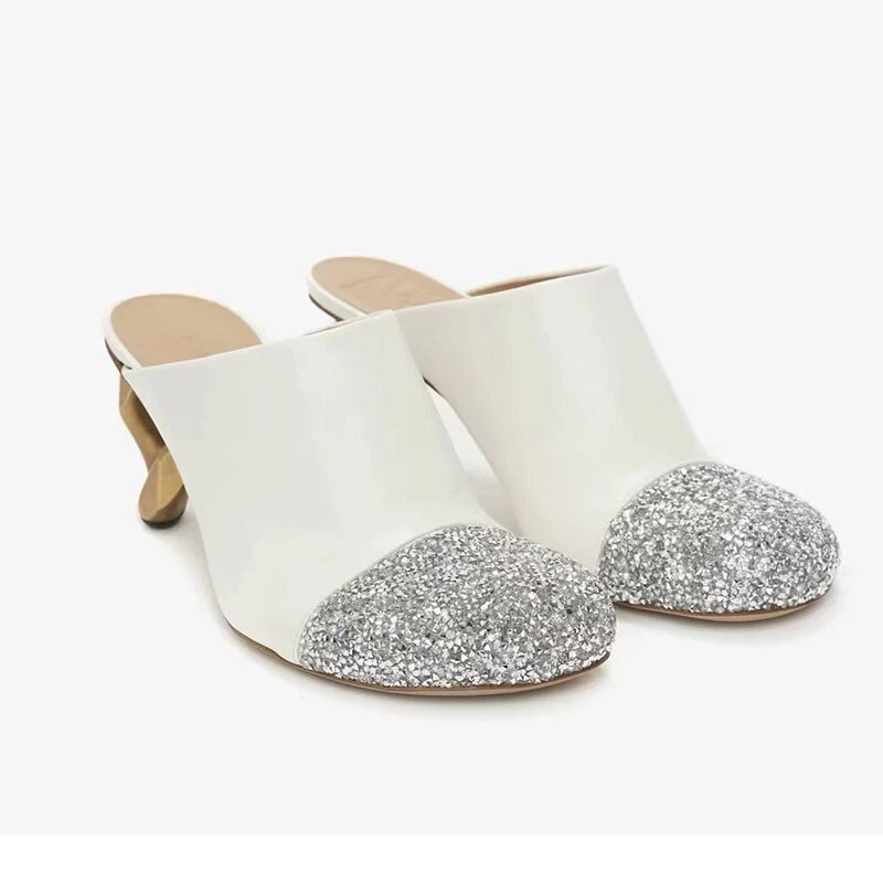 Runway American Style Womens Slippers Mules High Special-shaped Heel Rhinestones - Image 3 of 4