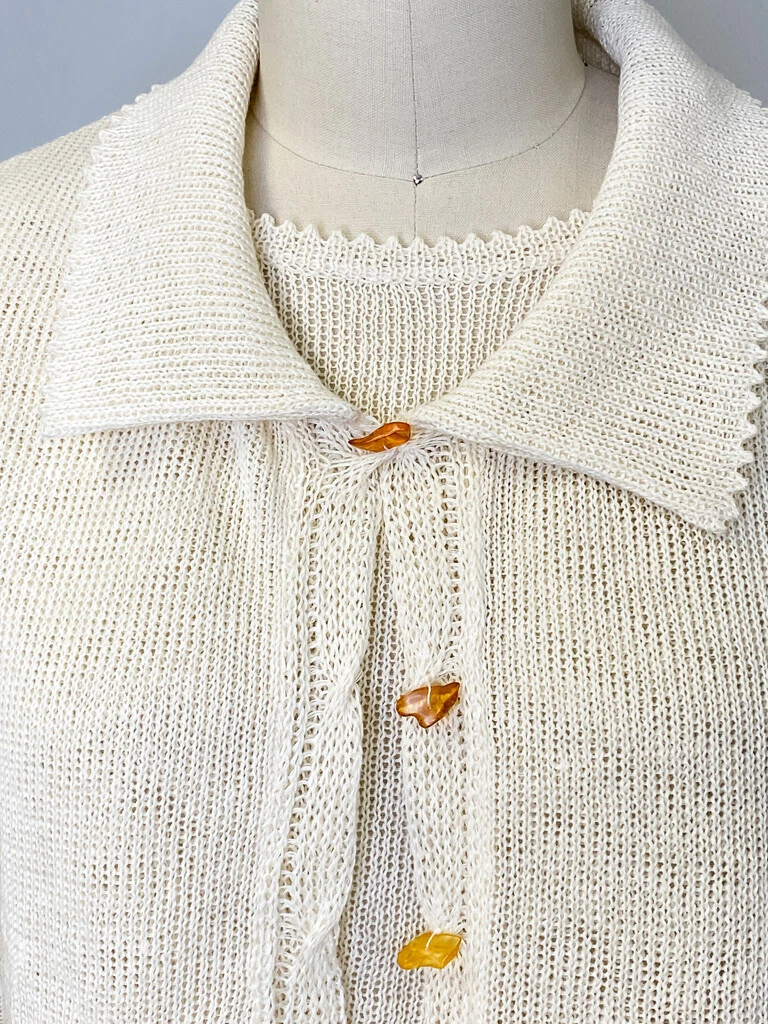 Vintage Sweater Twin Set 1930s LOOK Genuine Amber Buttons Womens M L Ivory Linen