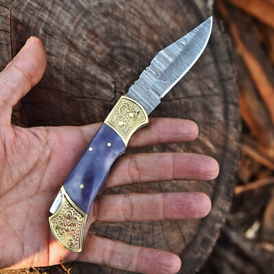 Damascus Steel Folding Blade Pocket Knife 112 Lock back Camel Bone Handle