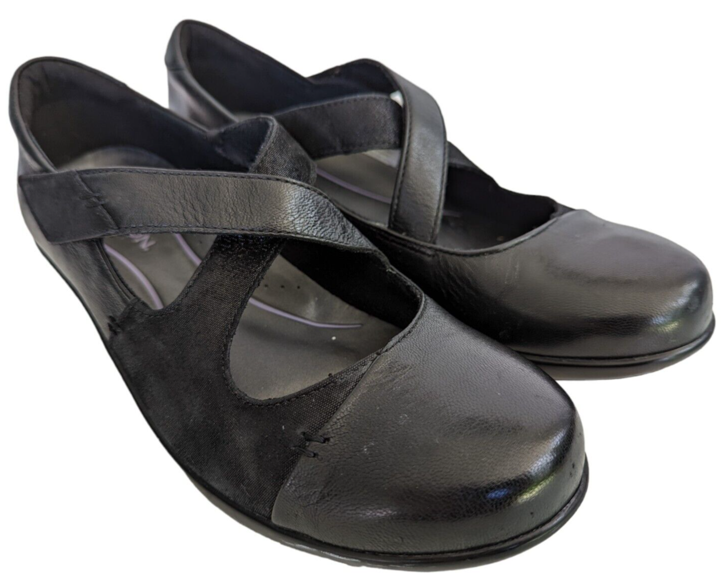 Aravon Kitt Cross Strap Mary Jane Womens Size 8.5 Black Wedge Heel Slip On Shoes