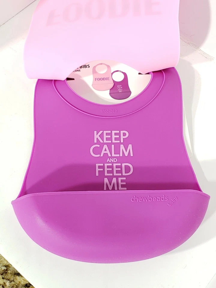 Babero Foodie para bebé con recogedor de migas paquete de 2 100 % silicona rosa/púrpura CB Eat Foto 2 de 4