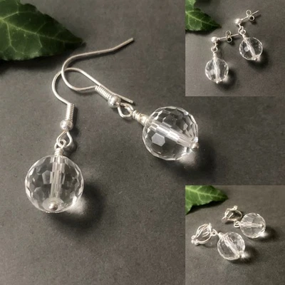 Sparkly Clear Glass Crystal Earrings. Colourless Disco Ball Earrings UK Handmade - Image 1 of 4
