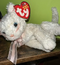 Ty Beanie Babies -New Fancy The White Cat--MWMT-Pink Ribbon Blue Eyes 7"
