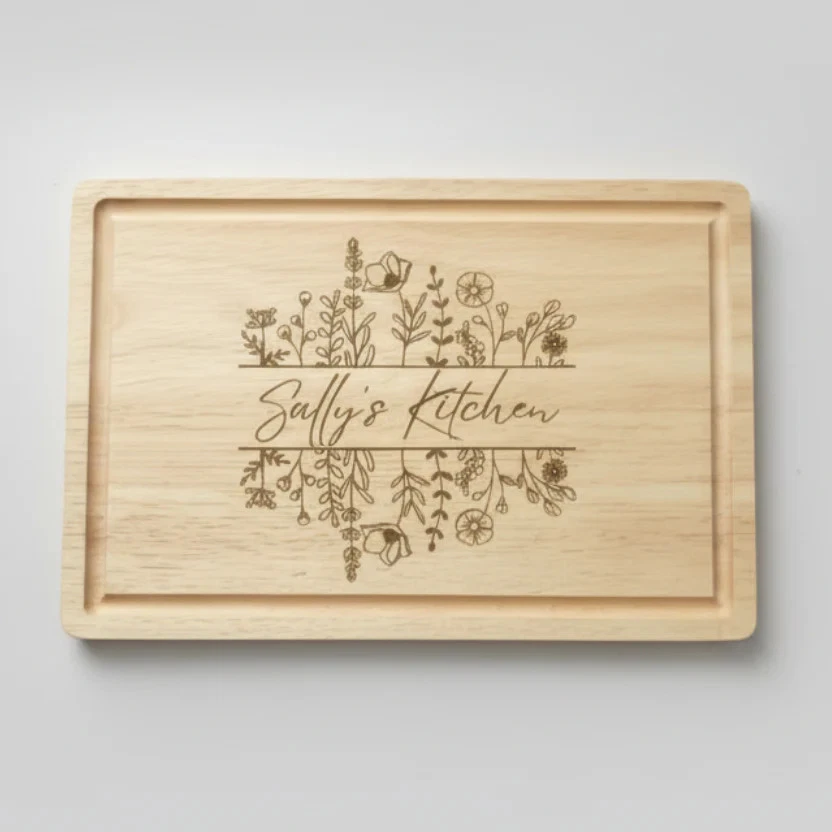Personalised Chopping Board with Name & Wildflowers - Custom Kitchen Gift