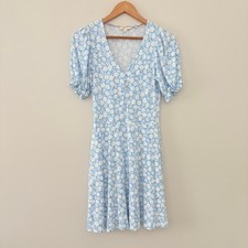 Boden Dress Flippy V-Neck 4R Blue Floral Puff Sleeve Ruffle Mini Pockets