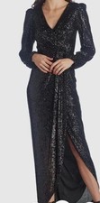 XSCAPE Black Sequin Wrap Evening Dress Gown Long Sleeve #4664X   Size 4 NWT