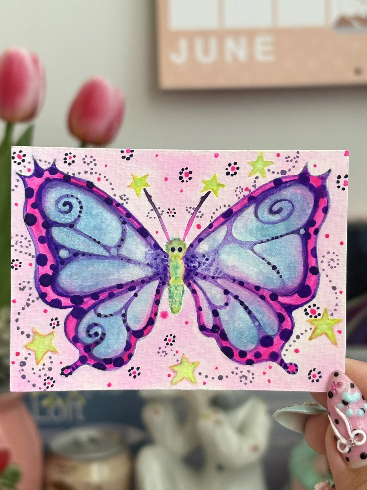 ACEO Original Whimsical Cute Pink Butterfly Star Insect  Miniature Artwork