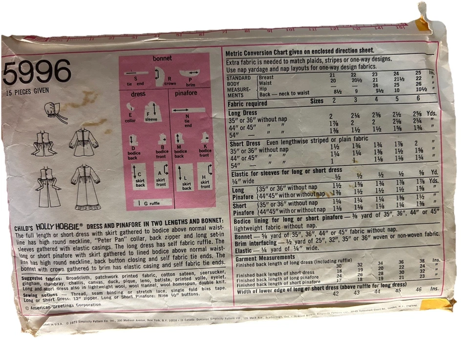Платье для девочек 70-х Holly Hobbie Pinafore Bonnet размер 6 бюст 25 простота 5996 - Изображение 2 из 2