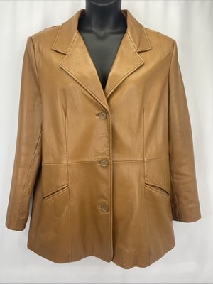 Nordstrom Camel Tan Lambskin Leather 3 Button Blazer Jacket Womens Sz XL EUC