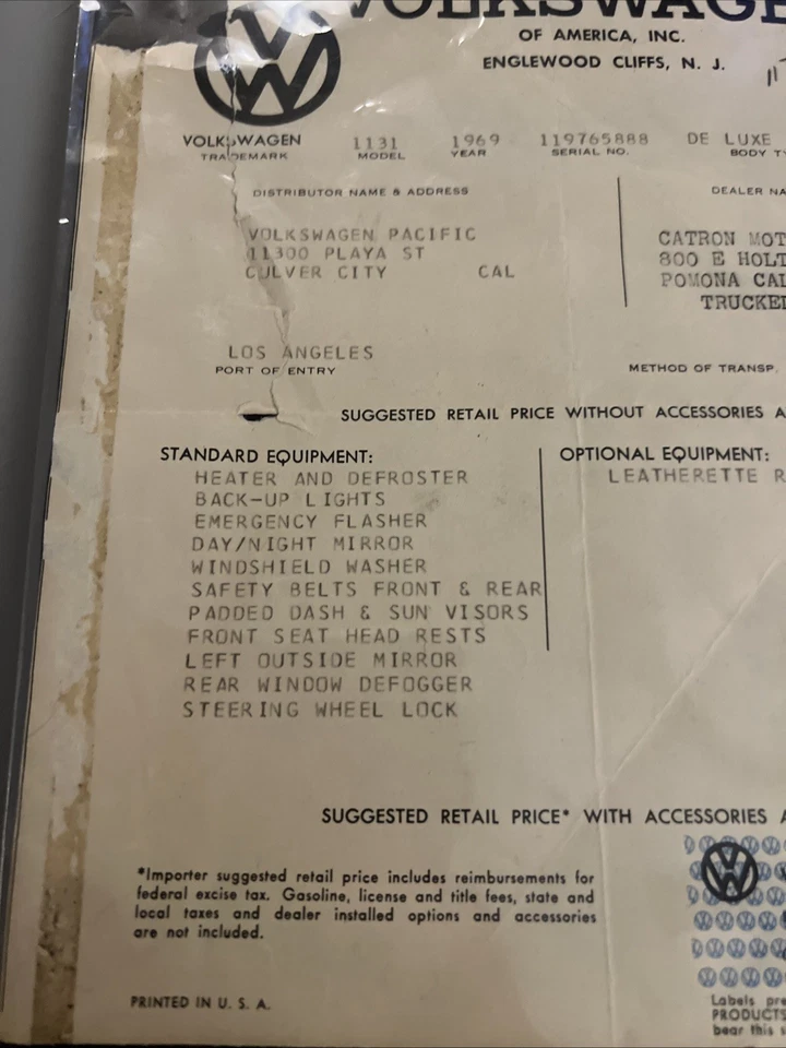 Vintage 1969 VW BEETLE TYPE 1 DEALER INVOICE WINDOW STICKER ORIGINAL - Image 4 of 4
