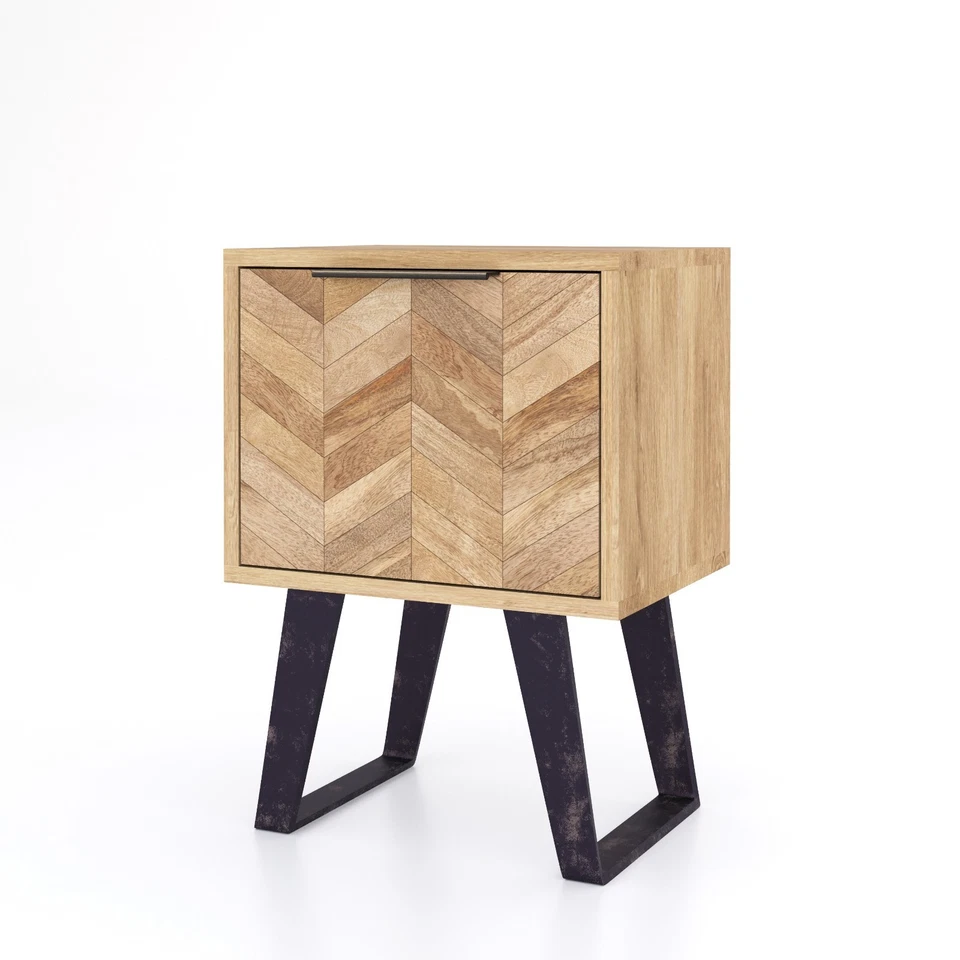 Mango Side Bedside Lamp Table with Herringbone  Parquet Agra Design