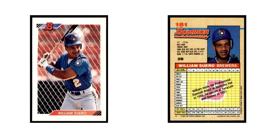 1992 Bowman William Suero Baseball Cards #181 - Image 3 of 3