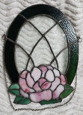 VINTAGE Stained Glass ROSE Hanging Tiffany Style Victorian FLORAL Design 7.5X10