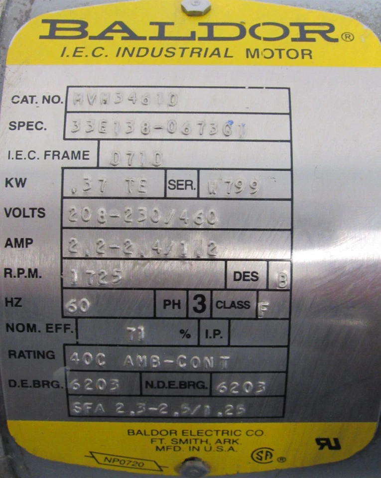 USED BALDOR MVM3461D MOTOR 208-230/460V 1725RPM - Image 4 of 4