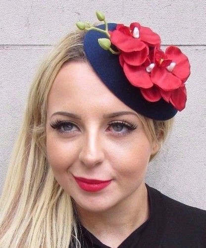 Red Navy Blue Orchid Flower Pillbox Hat 