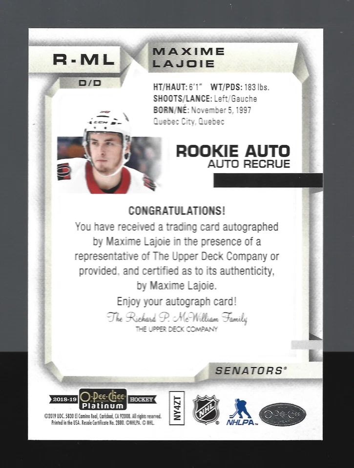 Maxime Lajoie AUTOGRAPH Ottawa Senators 2018-19 O-Pee-Chee Platinum AUTO Hockey - Image 2 of 2
