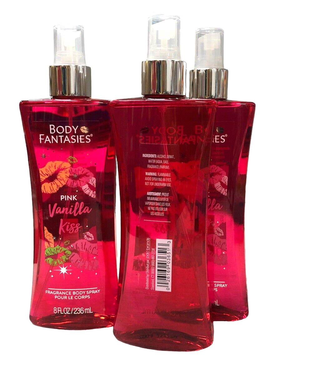 3 Bottles (8 fl oz each) Body Fantasies Pink Vanilla Kiss Fragrance