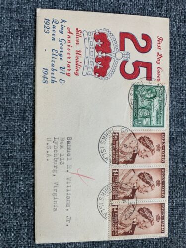 TURKS & CAICOS FIRST DAY COVER 1948 25th SILVER WEDDING ANNIVERSARY  - Picture 1 of 2