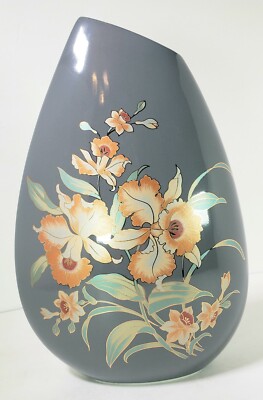 Shaddy Mino Japan Gray Vase Iris Daffodil Flowers Gold Trim Vintage Art Deco 