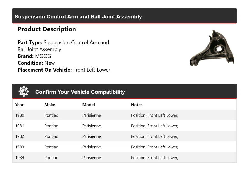 Brazo de control delantero izquierdo inferior MOOG 1980-1984 Pontiac Parisienne 1980-1984 Foto 2 de 4