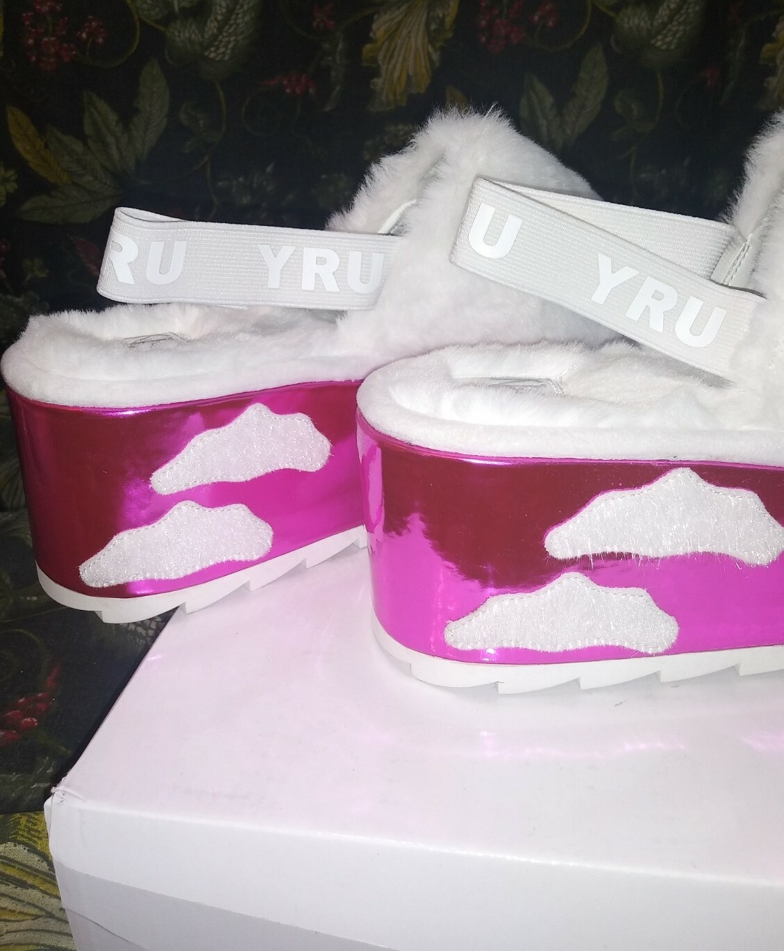 YRU Pink Sky and Clouds FAUX FUR PLATFORMS. Rave Slides. SIZE 11 Festival Slides image 2