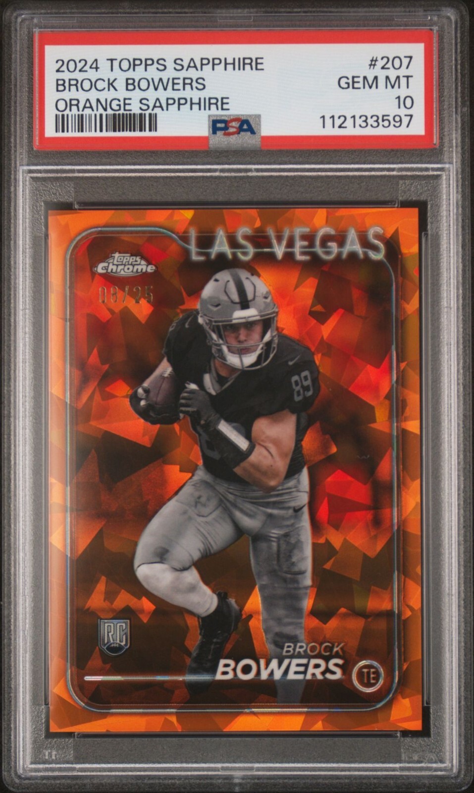 Brock Bowers 2024 Topps Chrome 207 Sapphire Orange Refractor RC 08/25 PSA 10