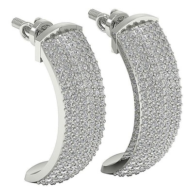 Huggies Earrings Natural Diamond SI1 G 0.95 Ct 14K White Gold Pave Set 0.80Inch