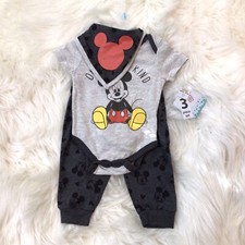 Disney Baby 3Pc Mickey Mouse Short Sleeve Creeper, Pants  Bib Set Size 3-6 mo