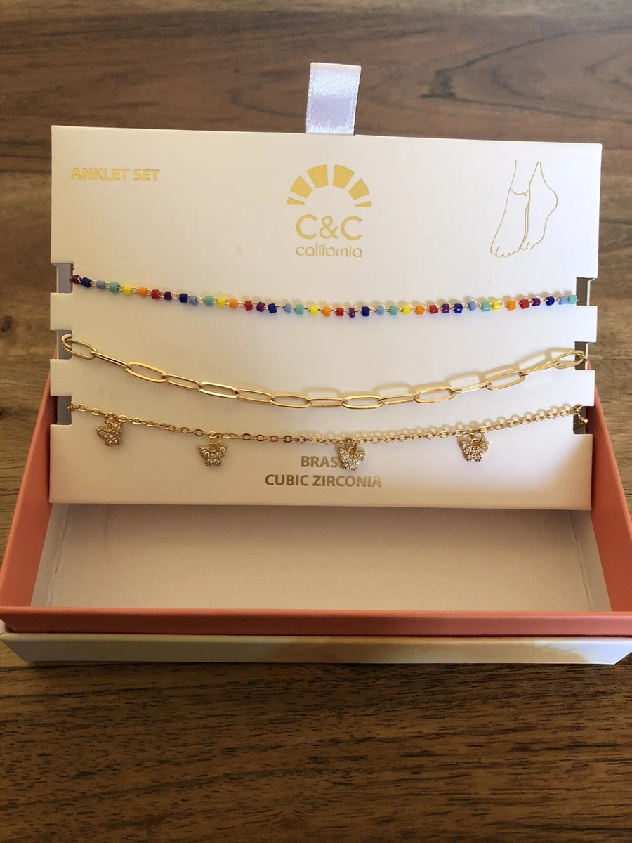 C C California 3 Piece Anklet Set Beaded Brass and Cubic Zirconia