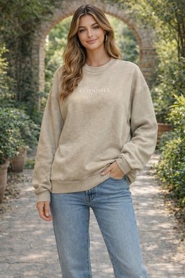 Fear of God ESSENTIALS Oatmeal Crewneck Sweatshirt Size M Oversized Boxy Logo