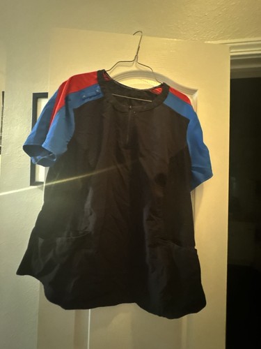 Cherokee iFlex Katie Duke Collection Round Neck Scrub Top Black with Red and Blu