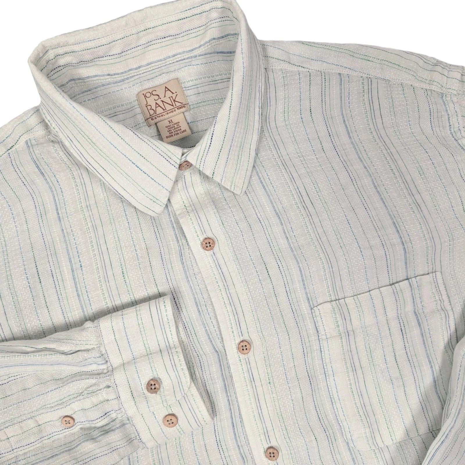 Jos A Bank Linen Shirt XL Blue Green Stripe Lightweight Summer Button Up