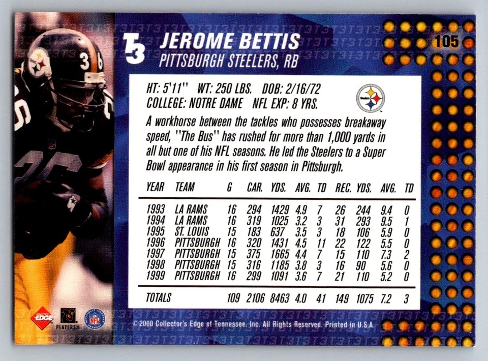 2000 Collector's Edge T3 #105 Jerome Bettis Retail - Image 2 of 2