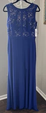 Morgan & Co Lace Shimmery Cobalt Royal Blue Nude Formal/Prom Dress Slit 11/12 L