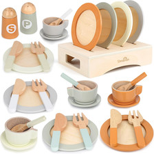 Wooden Play Dishes and Plates for Kids Kitchen Set, 27 PCS Wooden Play Kitchen A