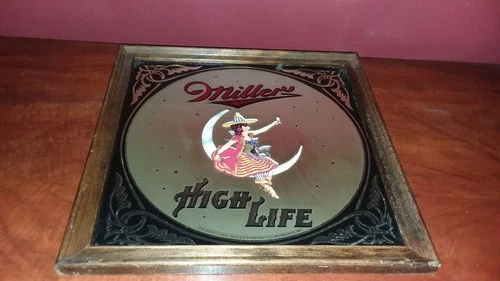 VINTAGE MILLER HIGH LIFE Girl on the Moon WITCH BEER MIRROR BAR SIGN 1980 WOODEN
