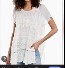 Johnny Was Sutera Blouse XL Cream Lace Eyelet Side Slits Tunic Short Sleeve